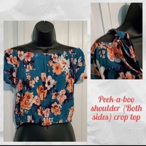 Teal floral peek-a-boo crop top